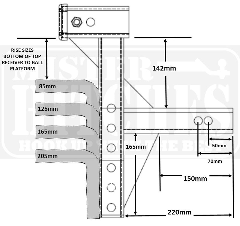 Mister Hitches Adjustable Ball Mount Multi-use With Top Receiver For Bike Carrier Etc MHABM-MU2