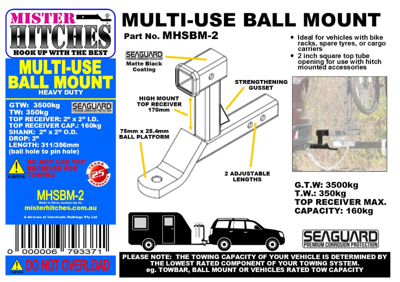 Mister Hitches Ball Mount Multi-use With High Top Receiver 3500kg MHSBM-2